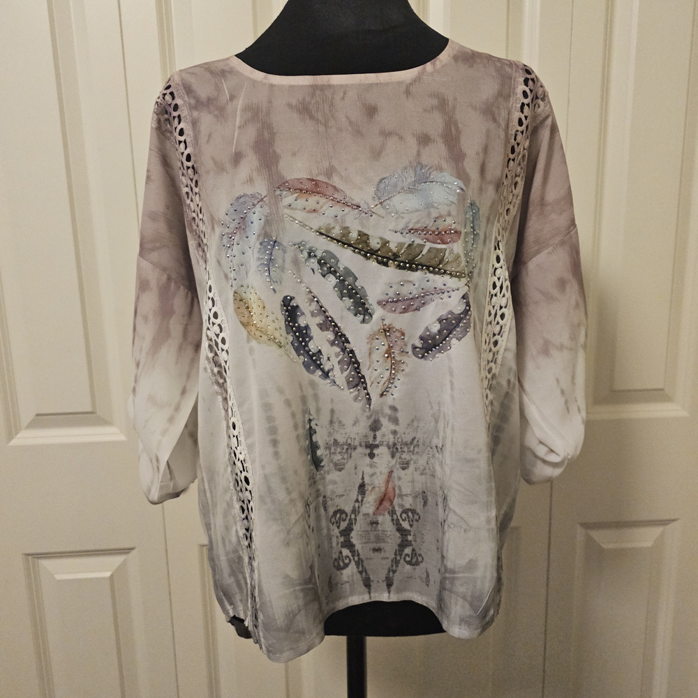 Goa Feather Heart  Blouse Womens  Rhinestone 3/4 Sleeve SZ S